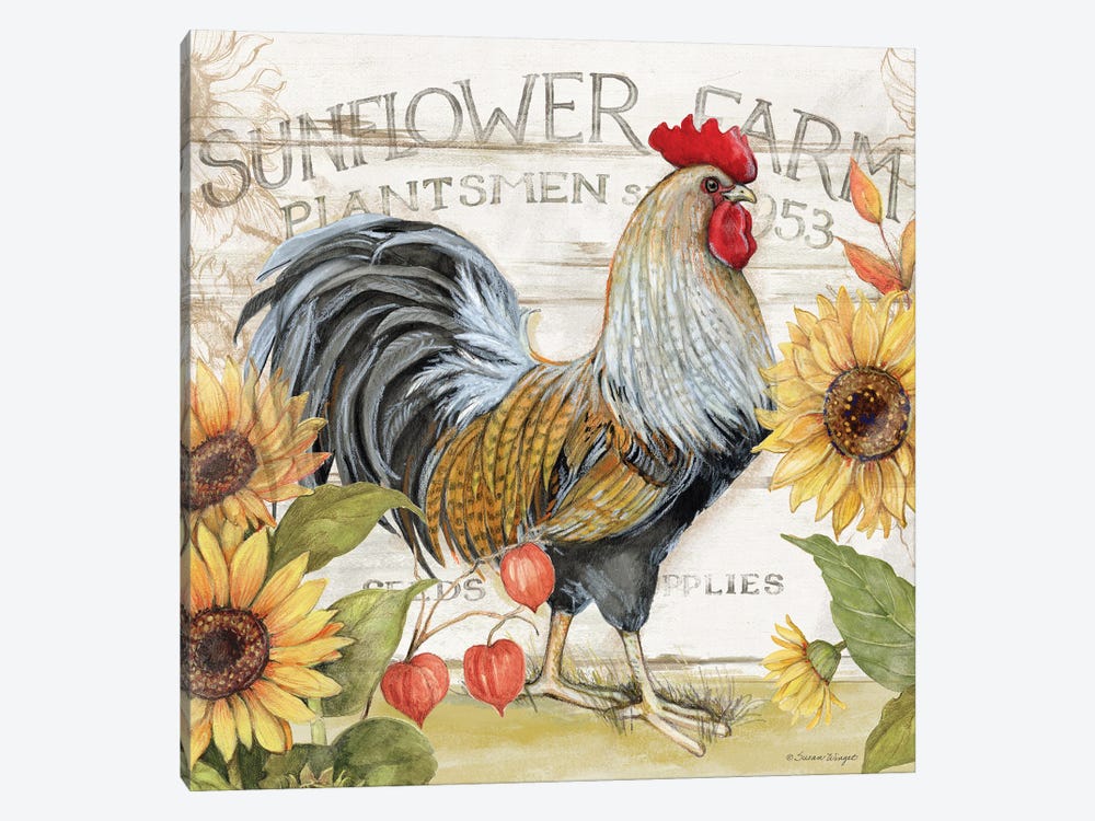 Grey And Brown Rooster Sunflowers by Susan Winget 1-piece Canvas Art