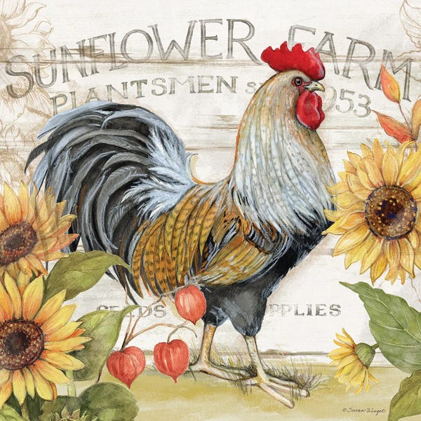 Fine Art Print: Grey And Brown Rooster Sunflowers by Susan Winget