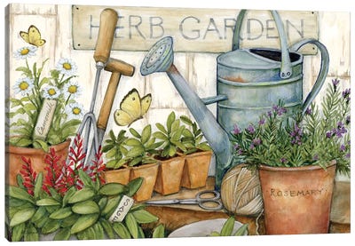 Herb Garden Watering Can Canvas Art Print - Gardening Art