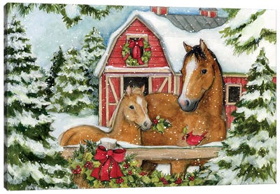 Horse Pair-Horizontal Canvas Art Print - Christmas Trees & Wreath Art