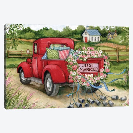 Just Married Red Truck Canvas Print #SWG136} by Susan Winget Canvas Art