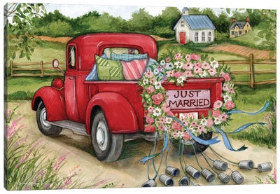 Just Married Red Truck Canvas Art Print - Trucks