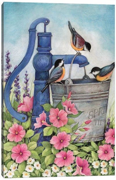 Pump Well With Birds Canvas Art Print - Gardening Art