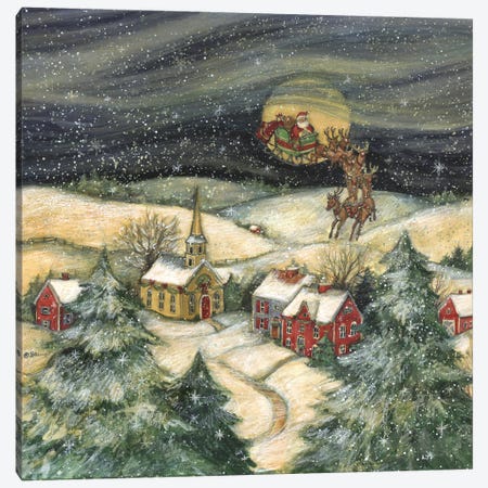 Santa Flying Over Town Canvas Print #SWG183} by Susan Winget Canvas Wall Art