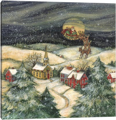 Santa Flying Over Town Canvas Art Print - Santa Claus Art