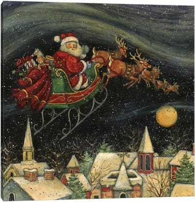 Santa's Flying Sleigh At Night Canvas Art Print - Reindeer Art