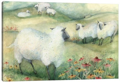 Sheep & Flowers Canvas Art Print - Sheep Art