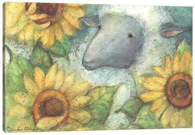 Sheep & Sunflowers Canvas Art Print - Sheep Art