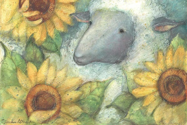 Fine Art Print: Sheep & Sunflowers by Susan Winget
