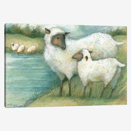 Sheep By Lake Canvas Print #SWG189} by Susan Winget Canvas Artwork