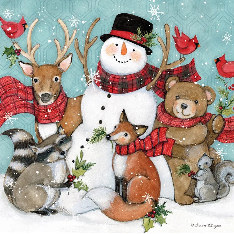 Snowman With Animals Art Print by Susan Winget | iCanvas