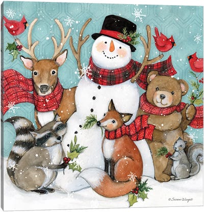 Snowman With Animals Canvas Art Print - Reindeer Art