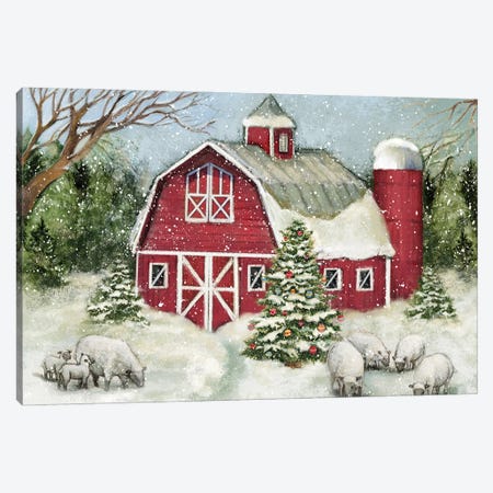 Snowy Barn Sheep Blue Canvas Print #SWG194} by Susan Winget Canvas Art