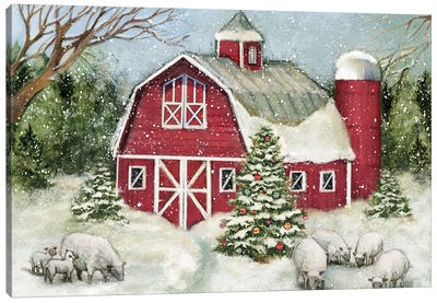 Snowy Barn Sheep Blue Canvas Art Print - Christmas Trees & Wreath Art
