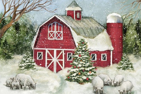 Susan Winget: Snowy Barn Sheep Blue by Susan Winget