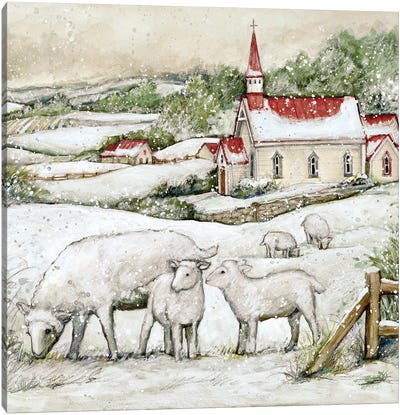 Snowy Church Canvas Art Print - Vintage Christmas Décor