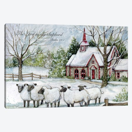 Snowy Church Sheep Canvas Print #SWG196} by Susan Winget Canvas Artwork