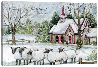 Snowy Church Sheep Canvas Art Print - Farmhouse Christmas Décor