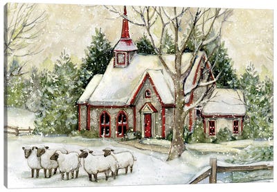 Snowy Church Sheep Gold Canvas Art Print - Farmhouse Christmas Décor