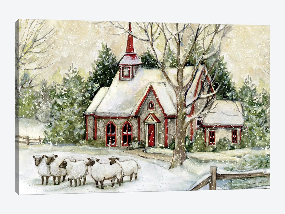 Snowy Church Sheep Gold by Susan Winget 1-piece Canvas Art