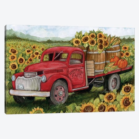 Sunflower Fields Red Truck Canvas Print #SWG203} by Susan Winget Canvas Print