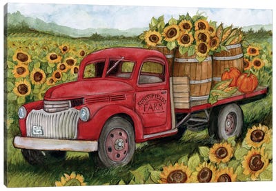 Sunflower Fields Red Truck Canvas Art Print - Trucks