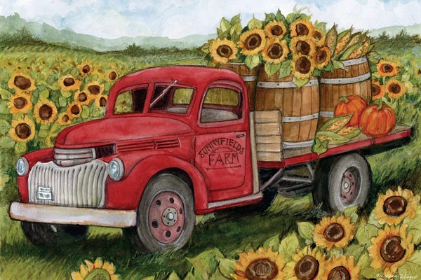 Susan Winget: Sunflower Fields Red Truck by Susan Winget
