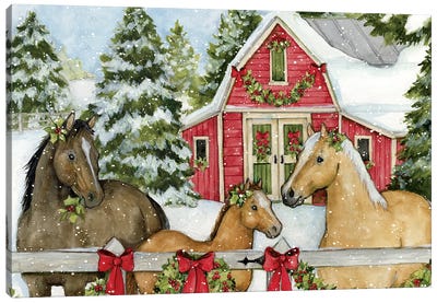Three Horses-Horizontal Canvas Art Print - Christmas Trees & Wreath Art
