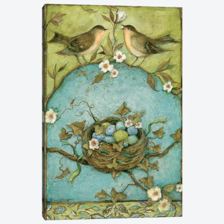 Bird & Nest On Blue & Green Canvas Print #SWG22} by Susan Winget Canvas Artwork