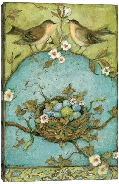 Bird & Nest On Blue & Green Canvas Art Print - Nests