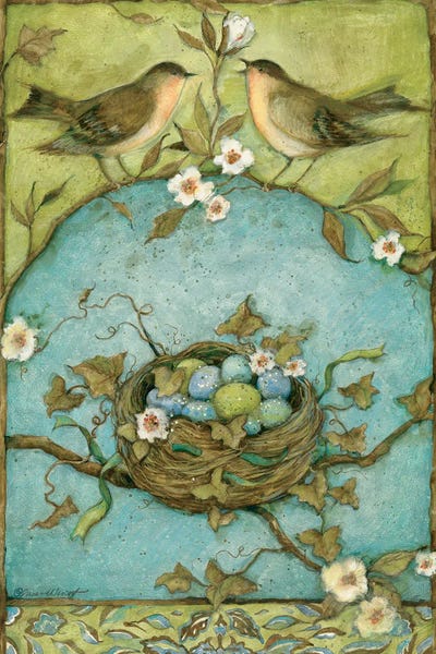 Susan Winget: Bird & Nest On Blue & Green by Susan Winget