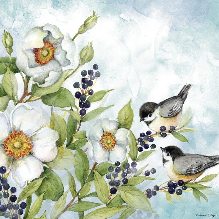 White Flowers And Chickadees