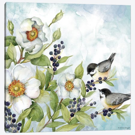 White Flowers And Chickadees Canvas Print #SWG230} by Susan Winget Canvas Artwork