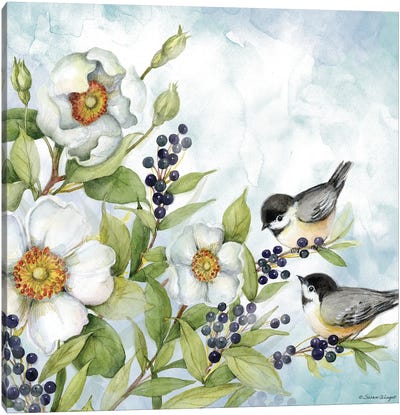 White Flowers And Chickadees Canvas Art Print - Susan Winget