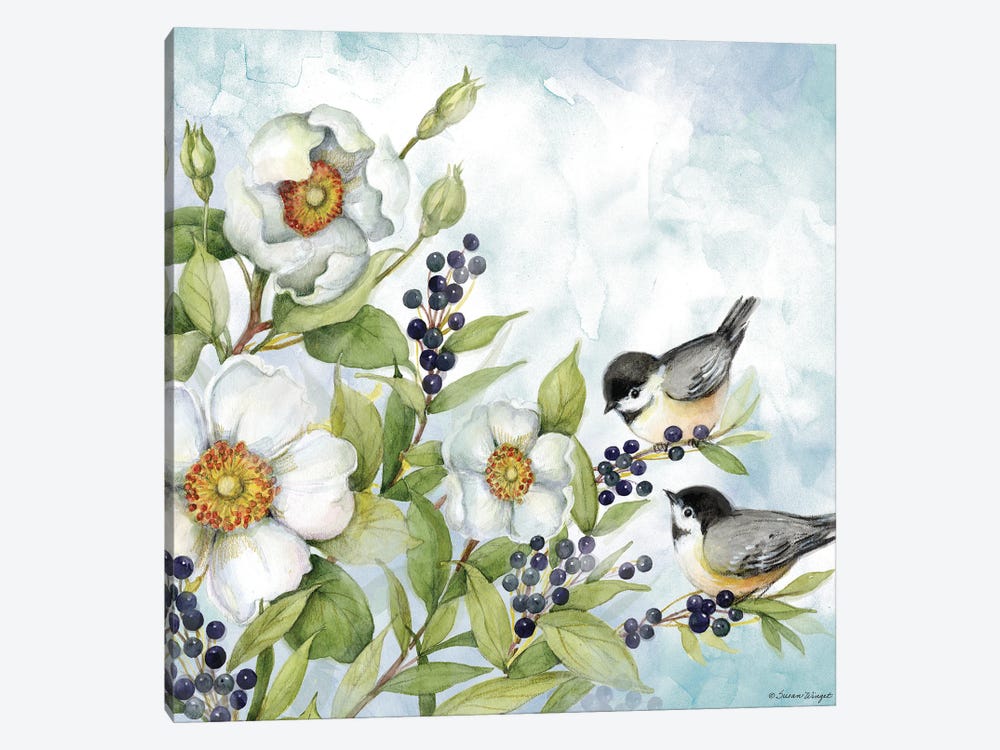 White Flowers And Chickadees by Susan Winget 1-piece Art Print