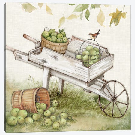 White Wheel Barrow Apples Canvas Print #SWG233} by Susan Winget Canvas Artwork