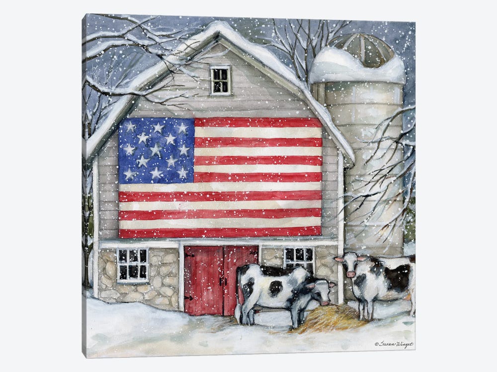 Winter Flag Barn Cows by Susan Winget 1-piece Canvas Art Print