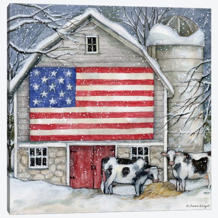 Winter Flag Barn Cows Canvas Print #SWG234} by Susan Winget Canvas Art Print