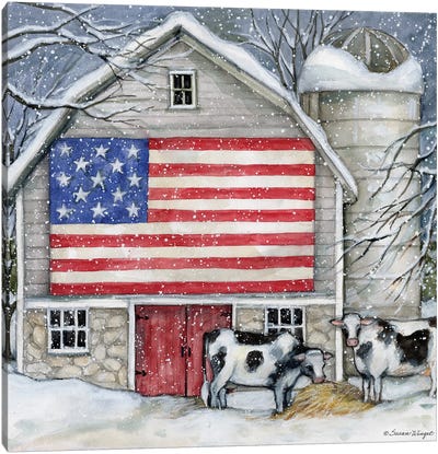 Winter Flag Barn Cows Canvas Art Print - Susan Winget