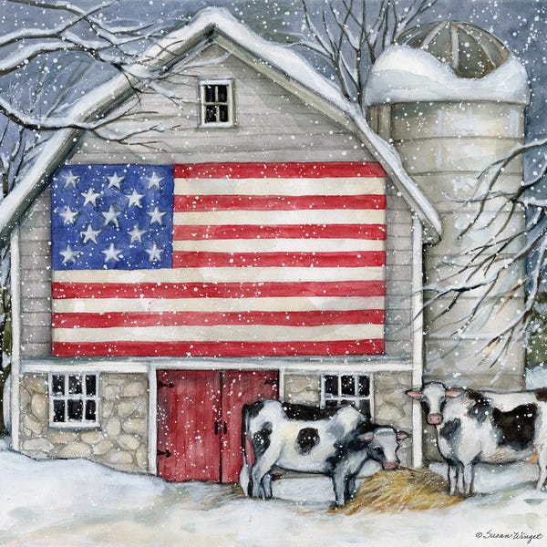 Susan Winget: Winter Flag Barn Cows by Susan Winget