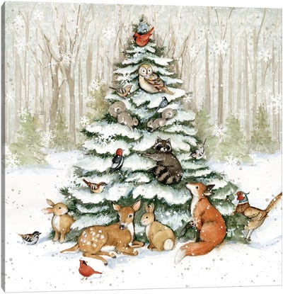 Wood Land Animals Tree Canvas Art Print - Large Christmas Art