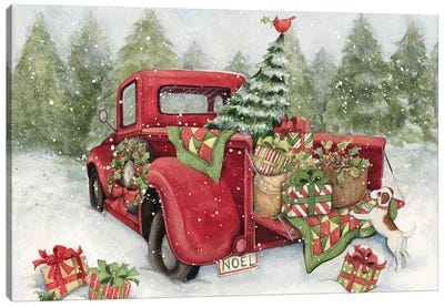 Xmas Truck Canvas Art Print - Christmas Trees & Wreath Art