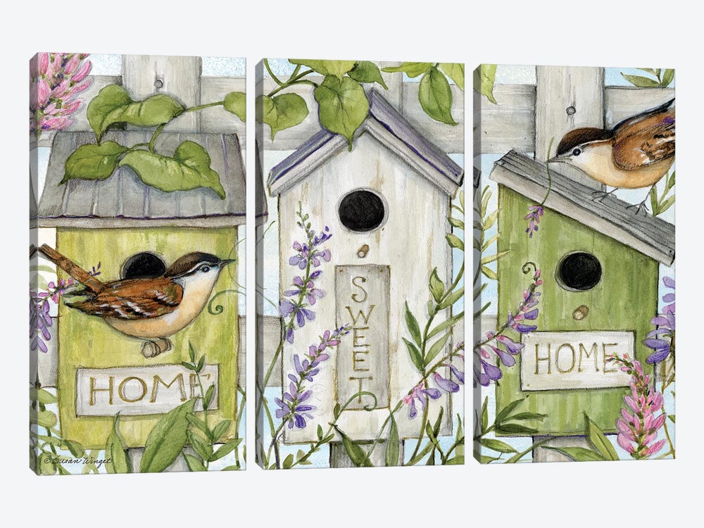 Birdhouses Vines-Horizontal by Susan Winget 3-piece Canvas Art Print