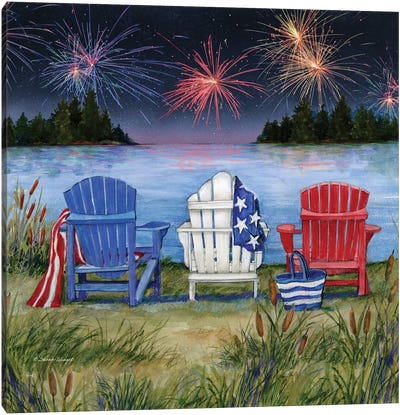 Adirondack Chairs At Lake Fireworks Canvas Art Print - Susan Winget