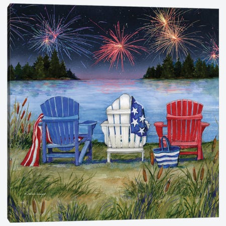 Adirondack Chairs At Lake Fireworks Canvas Print #SWG2} by Susan Winget Canvas Artwork