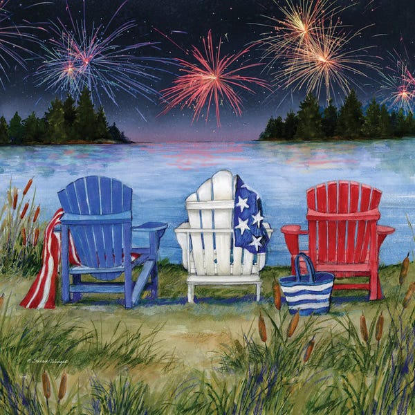 Susan Winget: Adirondack Chairs At Lake Fireworks by Susan Winget