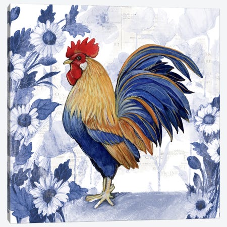 Blue Daisy Rooster-Tan Canvas Print #SWG32} by Susan Winget Canvas Art Print