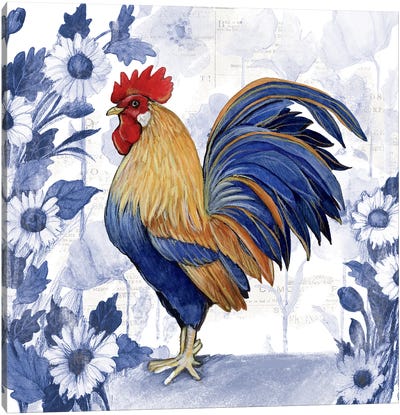 Blue Daisy Rooster-Tan Canvas Art Print - Chicken & Rooster Art