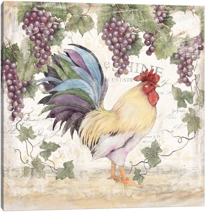 Blue Floral Rooster Canvas Art Print - Chicken & Rooster Art