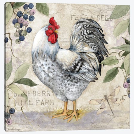 Blueberry White Rooster Canvas Print #SWG36} by Susan Winget Canvas Artwork
